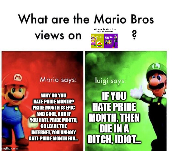 Mario and luigi Reacts to The worst Meme that Temporary Just Made | WHY DO YOU HATE PRIDE MONTH? PRIDE MONTH IS EPIC AND COOL, AND IF YOU HATE PRIDE MONTH, GO LEAVE THE INTERNET, YOU UNHOLY ANTI-PRIDE MONTH FAN... IF YOU HATE PRIDE MONTH, THEN DIE IN A DITCH, IDIOT... | image tagged in mario bros views,pride month,lgbtq,deviantart | made w/ Imgflip meme maker