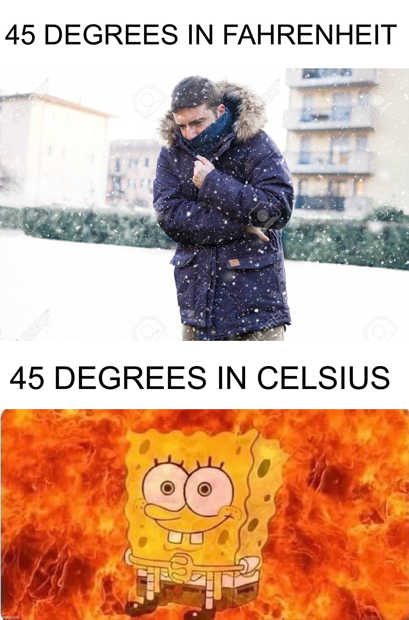True ngl | 45 DEGREES IN FAHRENHEIT; 45 DEGREES IN CELSIUS | image tagged in spongebob in flames,memes,funny,hot,cold,temperature | made w/ Imgflip meme maker