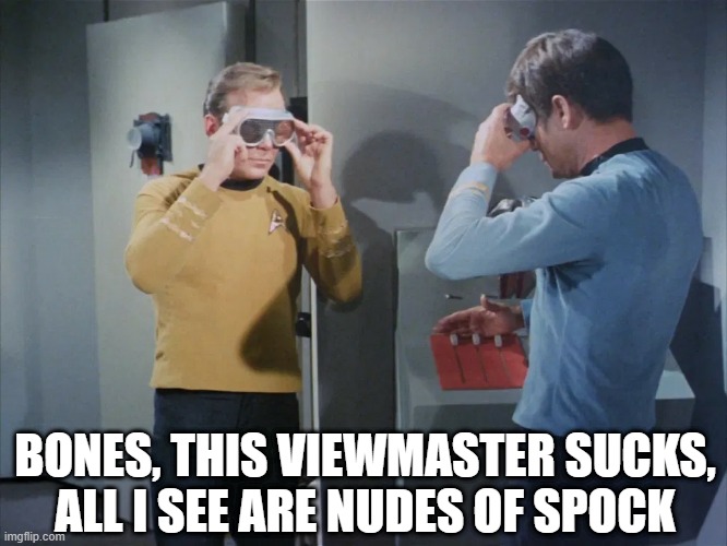 Don't Look! |  BONES, THIS VIEWMASTER SUCKS, ALL I SEE ARE NUDES OF SPOCK | image tagged in star trek kirk and spock goggles | made w/ Imgflip meme maker