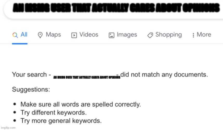 this is accurate tho | AN MSMG USER THAT ACTUALLY CARES ABOUT OPINIONS; AN MSMG USER THAT ACTUALLY CARES ABOUT OPINIONS | image tagged in your search did not bring up any results,msmg | made w/ Imgflip meme maker
