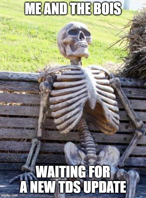 me and the bois waiting for a new tds (tower defense simulator) update | ME AND THE BOIS; WAITING FOR A NEW TDS UPDATE | image tagged in memes,waiting skeleton | made w/ Imgflip meme maker