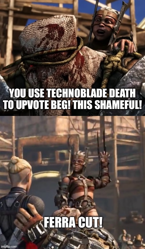 YOU USE TECHNOBLADE DEATH TO UPVOTE BEG! THIS SHAMEFUL! | image tagged in ferra/torr,ferra cut | made w/ Imgflip meme maker