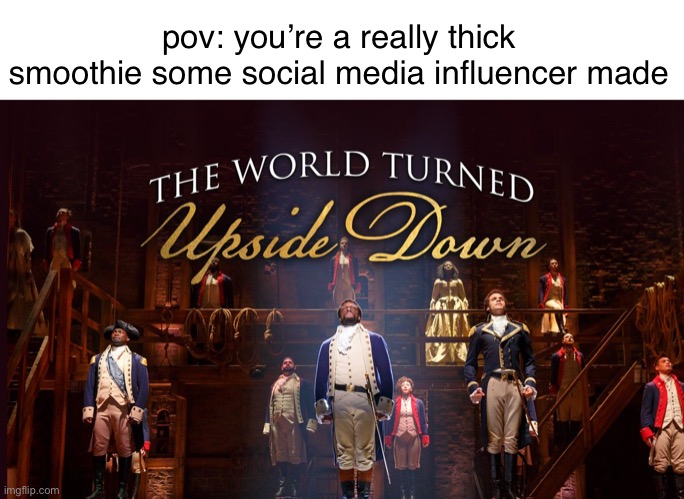 dw guys it’s not my hamilphase again <3 | pov: you’re a really thick smoothie some social media influencer made | image tagged in the world turned upside down | made w/ Imgflip meme maker
