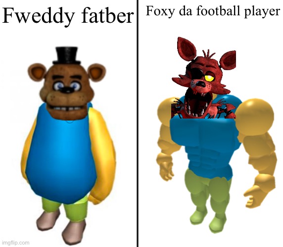 2 new animatronics!!!! Lol XD (just kidding I made them up) | Fweddy fatber; Foxy da football player | image tagged in fat vs buff roblox noob | made w/ Imgflip meme maker