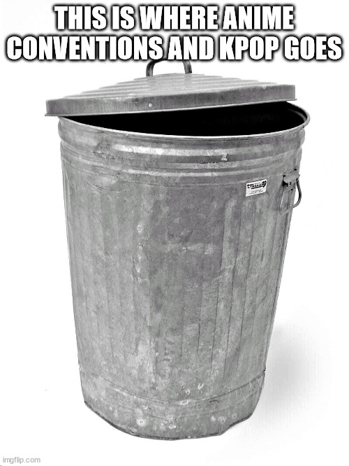 Trash Can | THIS IS WHERE ANIME CONVENTIONS AND KPOP GOES | image tagged in trash can | made w/ Imgflip meme maker