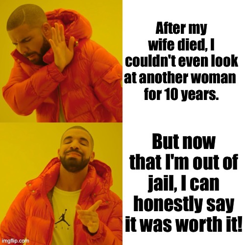 After my wife died | image tagged in drake hotline bing,meme,wife died,another woman,out of jail | made w/ Imgflip meme maker
