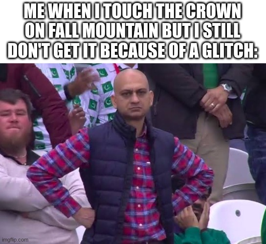 >:< | ME WHEN I TOUCH THE CROWN ON FALL MOUNTAIN BUT I STILL DON'T GET IT BECAUSE OF A GLITCH: | image tagged in disappointed man | made w/ Imgflip meme maker