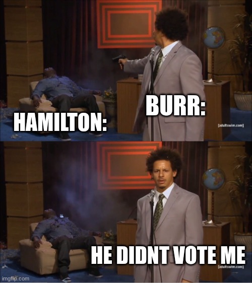 i just killed my best friend | BURR:; HAMILTON:; HE DIDNT VOTE ME | image tagged in memes,who killed hannibal,hamilton | made w/ Imgflip meme maker