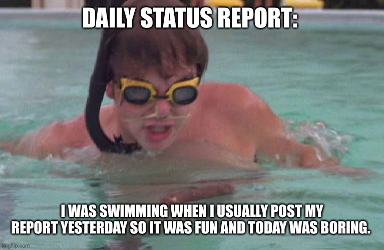. | DAILY STATUS REPORT:; I WAS SWIMMING WHEN I USUALLY POST MY REPORT YESTERDAY SO IT WAS FUN AND TODAY WAS BORING. | image tagged in caddyshack swimming pool doodie,daily,status,report | made w/ Imgflip meme maker