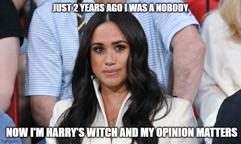 harrys witch | JUST 2 YEARS AGO I WAS A NOBODY; NOW I'M HARRY'S WITCH AND MY OPINION MATTERS | image tagged in meghan markle,prince harry,witches,splish splash your opinion is trash | made w/ Imgflip meme maker