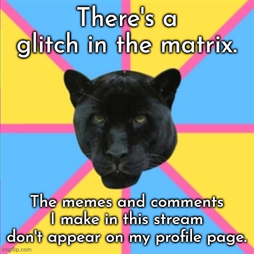 Not a problem, just weird. | There's a glitch in the matrix. The memes and comments I make in this stream don't appear on my profile page. | image tagged in pansexual panter,meme stream,imgflip news | made w/ Imgflip meme maker