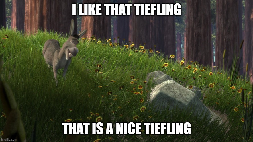 Donkey from Shrek I like that boulder | I LIKE THAT TIEFLING; THAT IS A NICE TIEFLING | image tagged in donkey from shrek i like that boulder | made w/ Imgflip meme maker