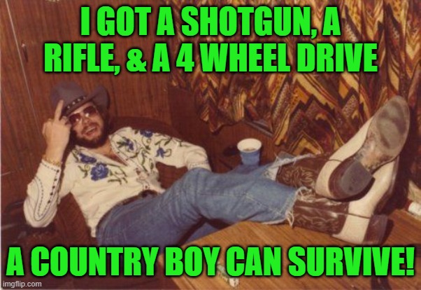 Hank Williams Jr. Finger | I GOT A SHOTGUN, A RIFLE, & A 4 WHEEL DRIVE A COUNTRY BOY CAN SURVIVE! | image tagged in hank williams jr finger | made w/ Imgflip meme maker