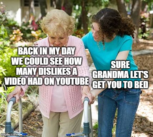 I'm so old | BACK IN MY DAY WE COULD SEE HOW MANY DISLIKES A VIDEO HAD ON YOUTUBE; SURE GRANDMA LET'S GET YOU TO BED | image tagged in sure grandma let's get you to bed | made w/ Imgflip meme maker