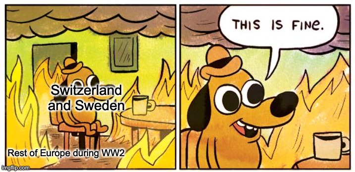 European WW2 | Switzerland and Sweden; Rest of Europe during WW2 | image tagged in memes,this is fine | made w/ Imgflip meme maker