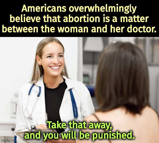 Be afraid. | Americans overwhelmingly believe that abortion is a matter between the woman and her doctor. Take that away, and you will be punished. | image tagged in abortion,woman,doctor,nobody,interferes | made w/ Imgflip meme maker