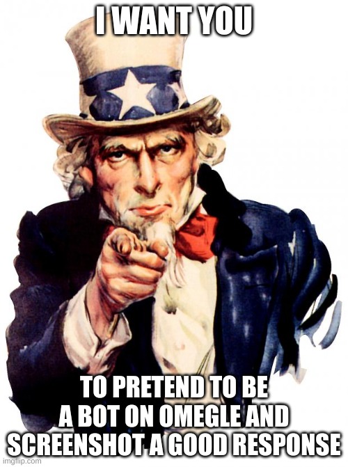 ima do it too | I WANT YOU; TO PRETEND TO BE A BOT ON OMEGLE AND SCREENSHOT A GOOD RESPONSE | image tagged in memes,uncle sam | made w/ Imgflip meme maker