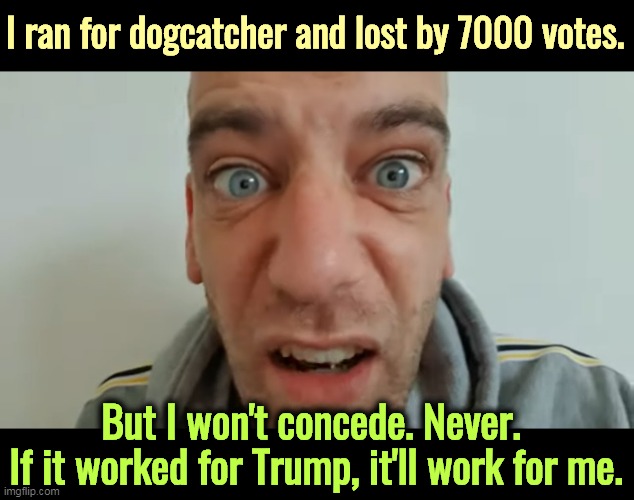 F*cking pathetic. | I ran for dogcatcher and lost by 7000 votes. But I won't concede. Never. 
If it worked for Trump, it'll work for me. | image tagged in trump,awful,role model | made w/ Imgflip meme maker
