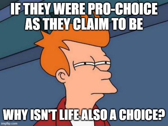Futurama Fry Meme | IF THEY WERE PRO-CHOICE AS THEY CLAIM TO BE WHY ISN'T LIFE ALSO A CHOICE? | image tagged in memes,futurama fry | made w/ Imgflip meme maker