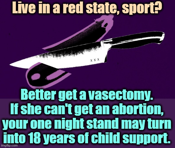 Live in a red state, sport? Better get a vasectomy. If she can't get an abortion, your one night stand may turn into 18 years of child support. | image tagged in vasectomy,abortion,one night stand,child support | made w/ Imgflip meme maker