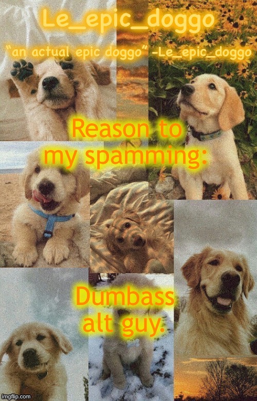 Doggo temp by doggo. Wait what that’s confusing | Reason to my spamming:; Dumbass alt guy. | image tagged in doggo temp by doggo wait what that s confusing | made w/ Imgflip meme maker