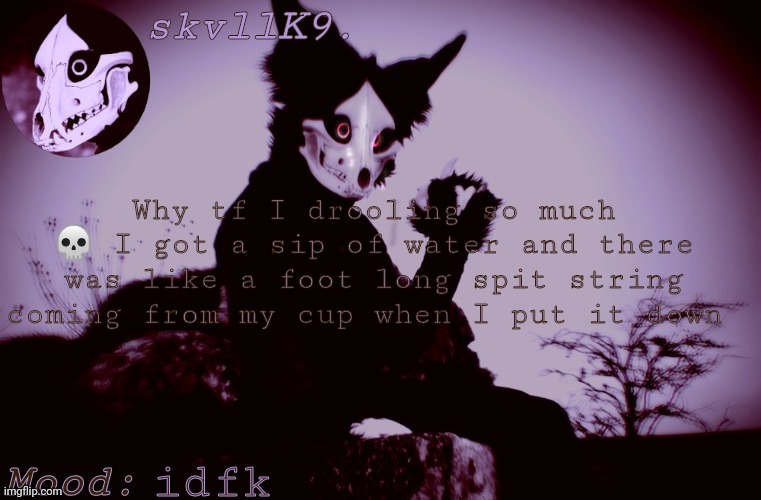 skvllK9.'s Cadaver temp | Why tf I drooling so much 💀 I got a sip of water and there was like a foot long spit string coming from my cup when I put it down; idfk | image tagged in skvllk9 's cadaver temp | made w/ Imgflip meme maker