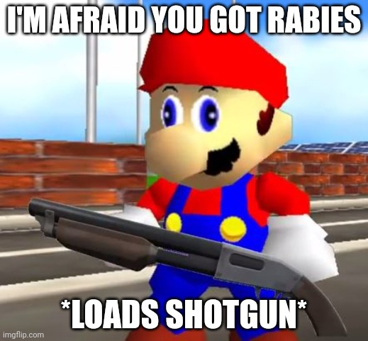 SMG4 Shotgun Mario | I'M AFRAID YOU GOT RABIES *LOADS SHOTGUN* | image tagged in smg4 shotgun mario | made w/ Imgflip meme maker