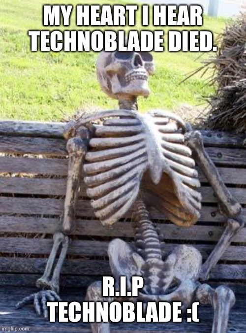 Waiting Skeleton | MY HEART I HEAR TECHNOBLADE DIED. R.I.P TECHNOBLADE :( | image tagged in memes,waiting skeleton | made w/ Imgflip meme maker