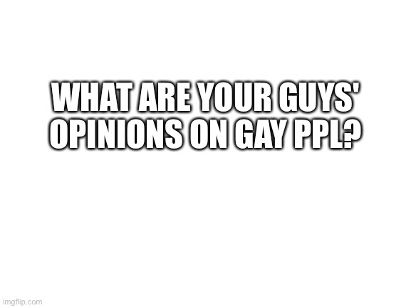 Blank White Template | WHAT ARE YOUR GUYS' OPINIONS ON GAY PPL? | image tagged in blank white template | made w/ Imgflip meme maker