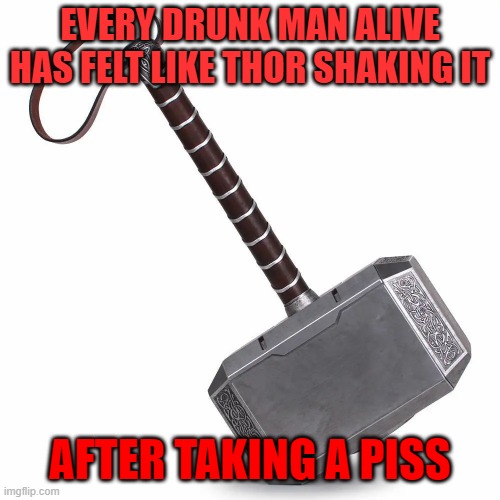 Whosoever holds this hammer, if he be worthy, shall possess the power of Thor | EVERY DRUNK MAN ALIVE HAS FELT LIKE THOR SHAKING IT; AFTER TAKING A PISS | image tagged in thor s hammer,memes,funny | made w/ Imgflip meme maker
