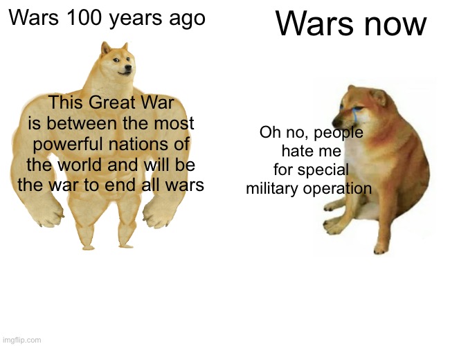 Great war vs operation | Wars 100 years ago; Wars now; This Great War is between the most powerful nations of the world and will be the war to end all wars; Oh no, people hate me for special military operation | image tagged in memes,buff doge vs cheems,ukraine | made w/ Imgflip meme maker