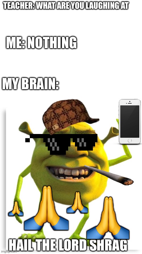 TEACHER: WHAT ARE YOU LAUGHING AT; ME: NOTHING; MY BRAIN:; 🙏; 🙏; 🙏; 🙏; HAIL THE LORD SHRAG | image tagged in blank white template,shreck | made w/ Imgflip meme maker