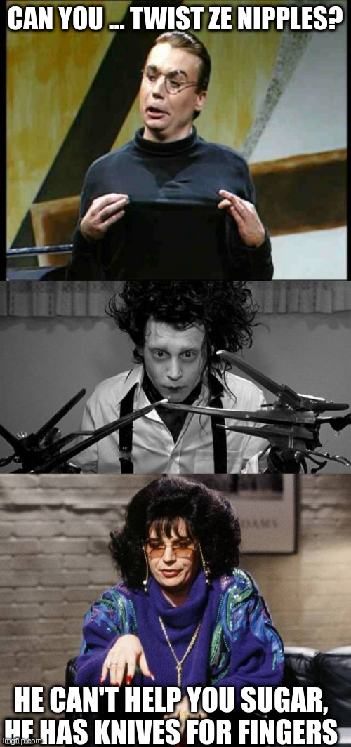 CAN YOU ... TWIST ZE NIPPLES? HE CAN'T HELP YOU SUGAR, HE HAS KNIVES FOR FINGERS | image tagged in snl mike meyers sprockets,edward scissorhands,mike meyers | made w/ Imgflip meme maker