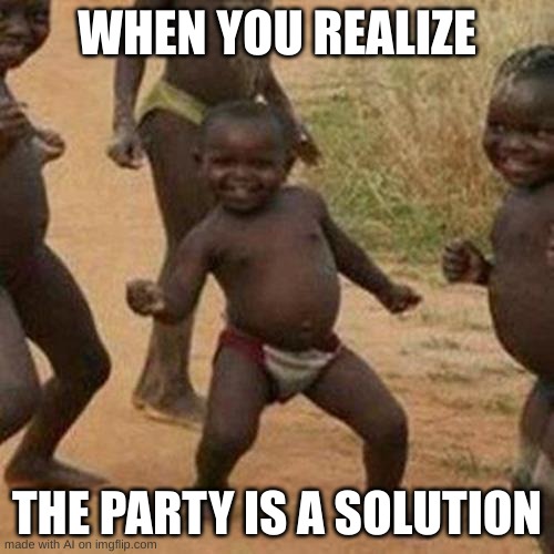 Third World Success Kid | WHEN YOU REALIZE; THE PARTY IS A SOLUTION | image tagged in memes,third world success kid | made w/ Imgflip meme maker