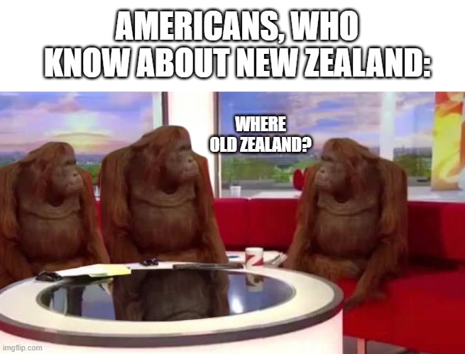 new zealand | AMERICANS, WHO KNOW ABOUT NEW ZEALAND:; WHERE OLD ZEALAND? | image tagged in where monkey | made w/ Imgflip meme maker