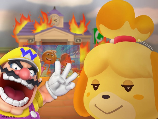 Wario tells Isabelle to burn the Emoji movie.mp3 | image tagged in wario,animal crossing,emoji movie,memes,funny,stop reading the tags | made w/ Imgflip meme maker