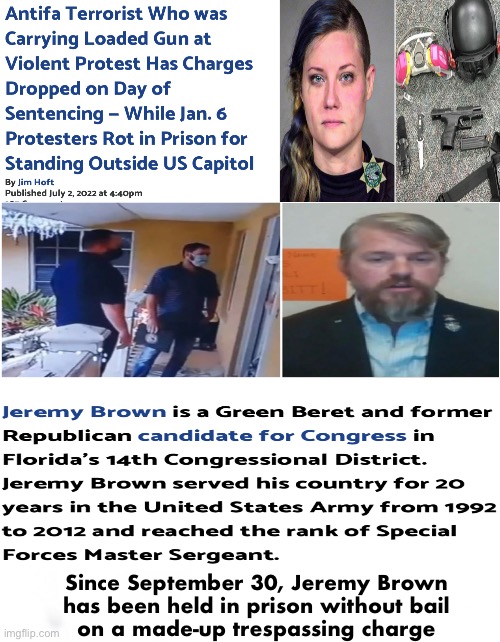 20 Years of Military Service, charged with Trespass -|- Violent punk w/a gun, at a violent demo. Who is in Prison? | Since September 30, Jeremy Brown
has been held in prison without bail
on a made-up trespassing charge | image tagged in memes,antifa,charges dropped,patriot serviceman stands outside the capitol,still in prison 10 months later,kiss my ass dems | made w/ Imgflip meme maker