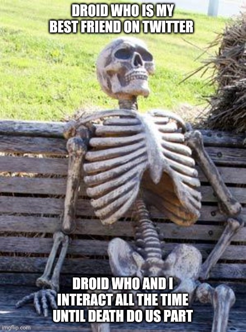 Waiting Skeleton | DROID WHO IS MY BEST FRIEND ON TWITTER; DROID WHO AND I INTERACT ALL THE TIME UNTIL DEATH DO US PART | image tagged in memes,waiting skeleton | made w/ Imgflip meme maker
