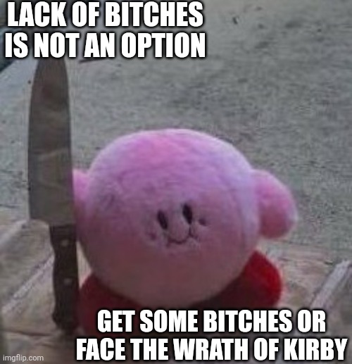 You wouldn't want to taste kirby wrath don't you? | LACK OF BITCHES IS NOT AN OPTION; GET SOME BITCHES OR FACE THE WRATH OF KIRBY | image tagged in creepy kirby | made w/ Imgflip meme maker