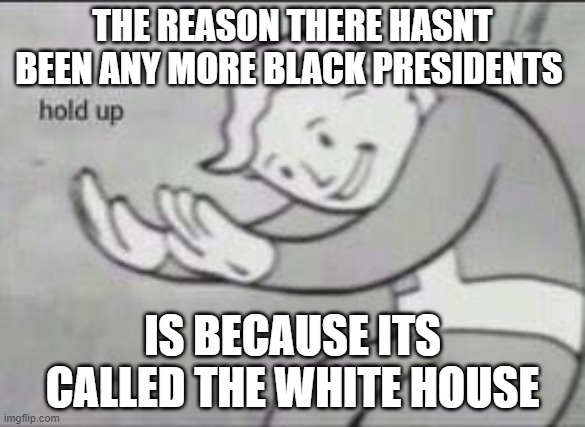 hold up | THE REASON THERE HASNT BEEN ANY MORE BLACK PRESIDENTS; IS BECAUSE ITS CALLED THE WHITE HOUSE | image tagged in fallout hold up | made w/ Imgflip meme maker