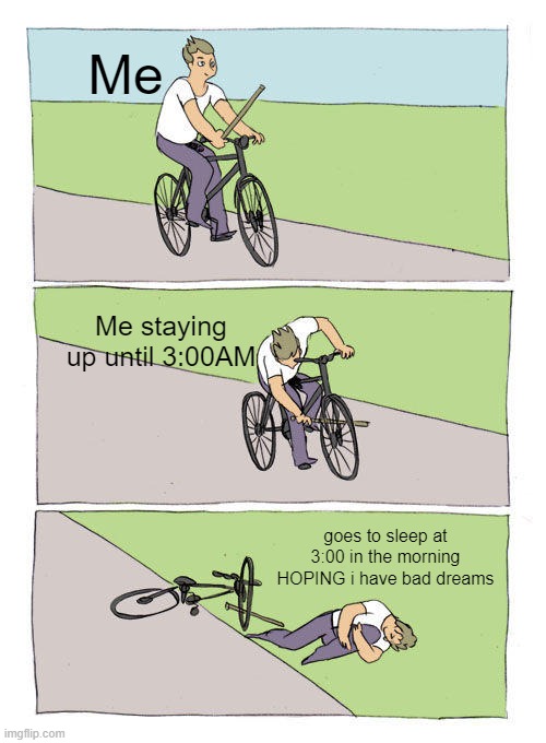 Bike Fall | Me; Me staying up until 3:00AM; goes to sleep at 3:00 in the morning HOPING i have bad dreams | image tagged in memes,bike fall | made w/ Imgflip meme maker