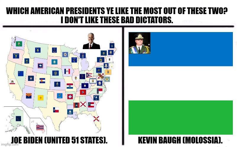 Who Would Win Blank | WHICH AMERICAN PRESIDENTS YE LIKE THE MOST OUT OF THESE TWO?
I DON'T LIKE THESE BAD DICTATORS. JOE BIDEN (UNITED 51 STATES).                     KEVIN BAUGH (MOLOSSIA). | image tagged in memes,murica,prez | made w/ Imgflip meme maker