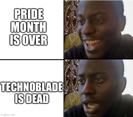 From one thing to the other :( | PRIDE MONTH IS OVER; TECHNOBLADE IS DEAD | image tagged in surpried disapointed man,technoblade,pride month | made w/ Imgflip meme maker