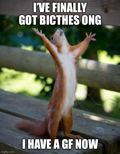 amen squirrel | I’VE FINALLY GOT BICTHES ONG; I HAVE A GF NOW | image tagged in amen squirrel | made w/ Imgflip meme maker