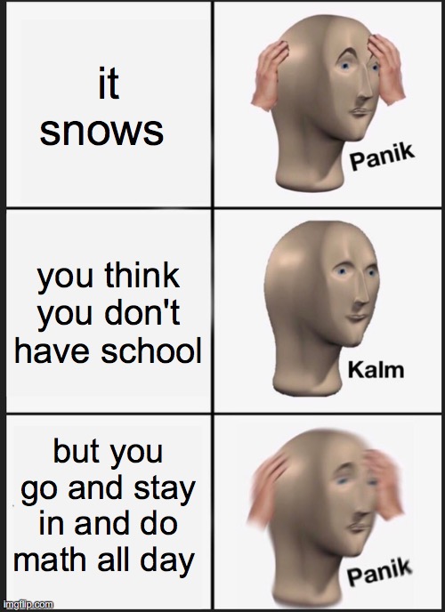 hello do you like my meme | it snows; you think you don't have school; but you go and stay in and do math all day | image tagged in memes,panik kalm panik | made w/ Imgflip meme maker