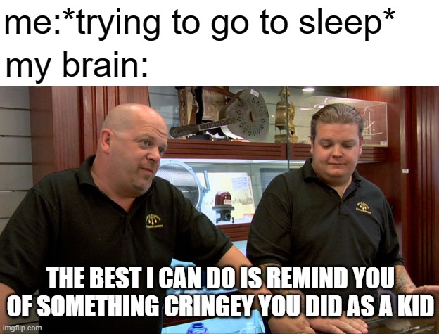 free Karakudamono | me:*trying to go to sleep*; my brain:; THE BEST I CAN DO IS REMIND YOU OF SOMETHING CRINGEY YOU DID AS A KID | image tagged in pawn stars best i can do | made w/ Imgflip meme maker