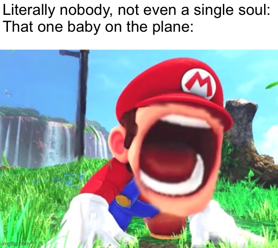 Mario screaming |  Literally nobody, not even a single soul:
That one baby on the plane: | image tagged in mario screaming | made w/ Imgflip meme maker
