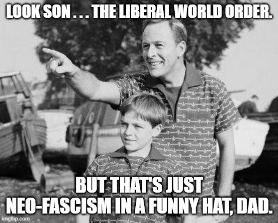 Alas, nobody is surprised that the Biden administration sprang this on the nation just before the Fourth of July. | LOOK SON . . . THE LIBERAL WORLD ORDER. BUT THAT'S JUST NEO-FASCISM IN A FUNNY HAT, DAD. | image tagged in look son | made w/ Imgflip meme maker