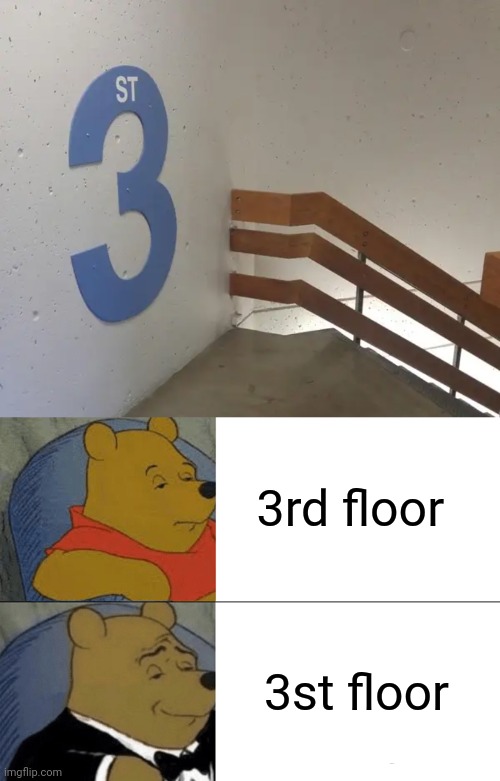 3st floor | 3rd floor; 3st floor | image tagged in memes,tuxedo winnie the pooh,3rd floor,3st floor,you had one job,stairs | made w/ Imgflip meme maker