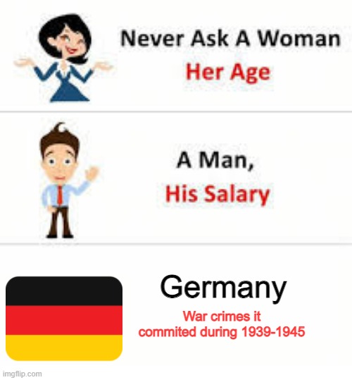Just never ask | Germany; War crimes it commited during 1939-1945 | image tagged in never ask a woman her age | made w/ Imgflip meme maker